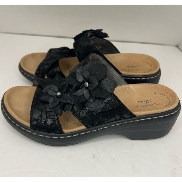 Clarks Collection Womens 6 Black Floral Wedge Sandals Ultimate Comfort Hook Loop - Picture 3 of 8